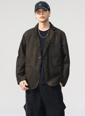 黄泥染水洗平驳领纯棉休闲西服男