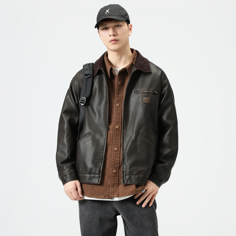 底特律PU皮衣男宽松工装机车服