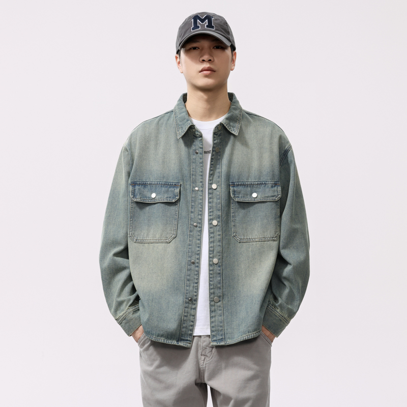 美式复古水洗工装长袖牛仔衬衫男