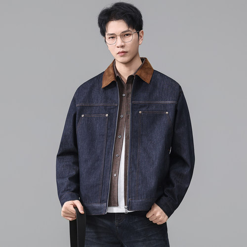 宽松巴恩风撞色翻领牛仔外套男