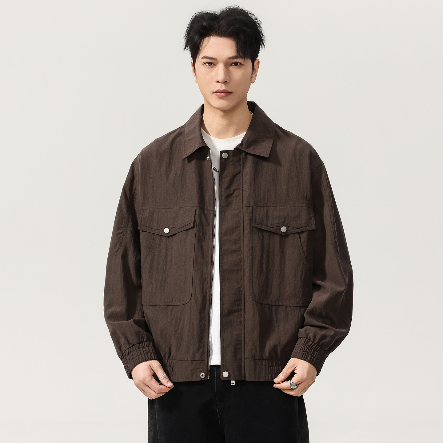 美式复古莱赛尔混纺水洗工装外套男2026春季新款宽松翻领休闲夹克