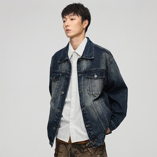 美式高端复古水洗牛仔外套男2024秋冬宽松大码痞帅翻领工装夹克潮