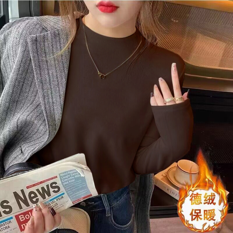 德绒加厚加绒修身棕色半高领打底衫长袖女2025秋冬新款时尚洋气