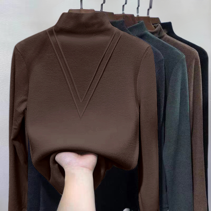 德绒发热加厚加绒棕色半高领打底衫女秋冬内搭上衣时髦时尚洋气女