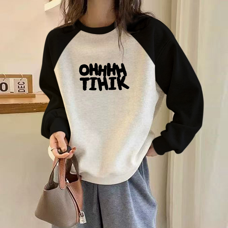 加绒加厚圆领宽松美式高街无帽灰色卫衣女秋冬新款撞色慵懒风外套