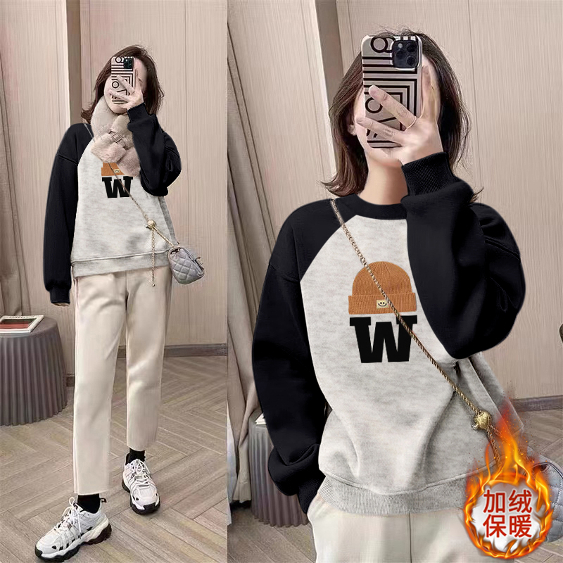 洋气别致宽松灰色无帽圆领oversize加绒卫衣女外套秋冬季2025新款