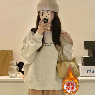 美式复古加绒加圆领灰色卫衣女款无帽秋冬正肩上衣女秋冬2025新款