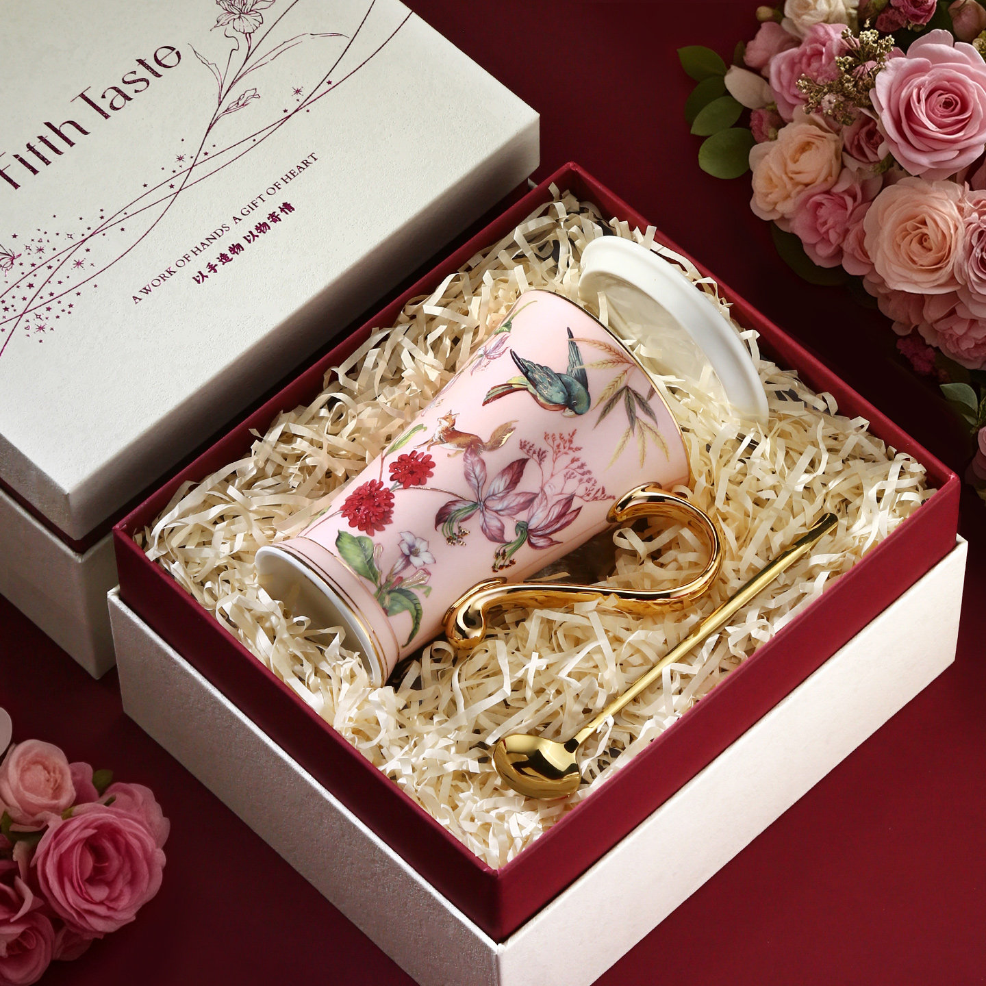 田园谧境创意陶瓷马克杯带盖勺高档精致咖啡杯新婚礼物生日伴手礼