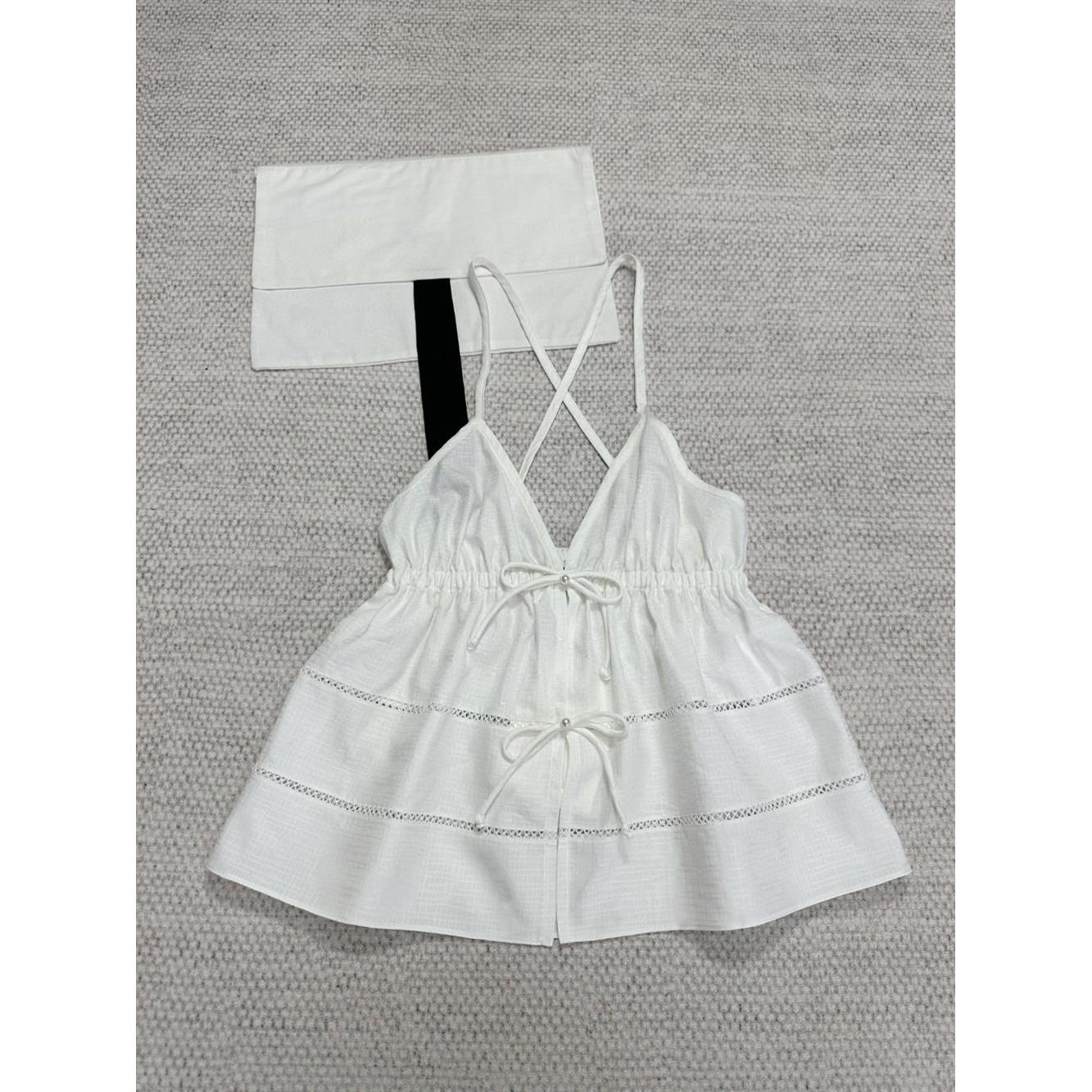 白色吊带25P春夏新款性感镂空深V领蝴蝶结开现货在仓懂货的的入手