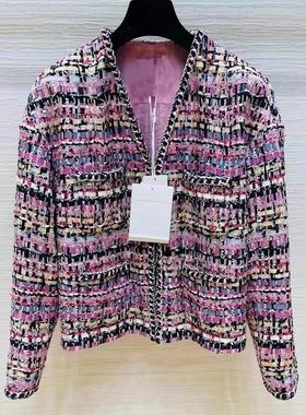 南油货一致本季美粉紫色v领名媛编织粗花呢外套女刘雯同现货在仓