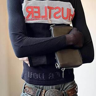 香港正品HBA Hood by air秀款网纱拉链指套打底紧身弹力长袖tee