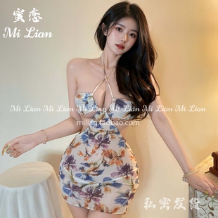 蜜恋:内衣女性感高腰开叉包臀名媛旗袍睡裙纯欲印花房事高级潮