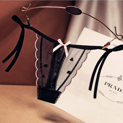 新品刺绣性感细带网纱T字内裤女系带丁字短裤丝滑透明低腰蕾丝边