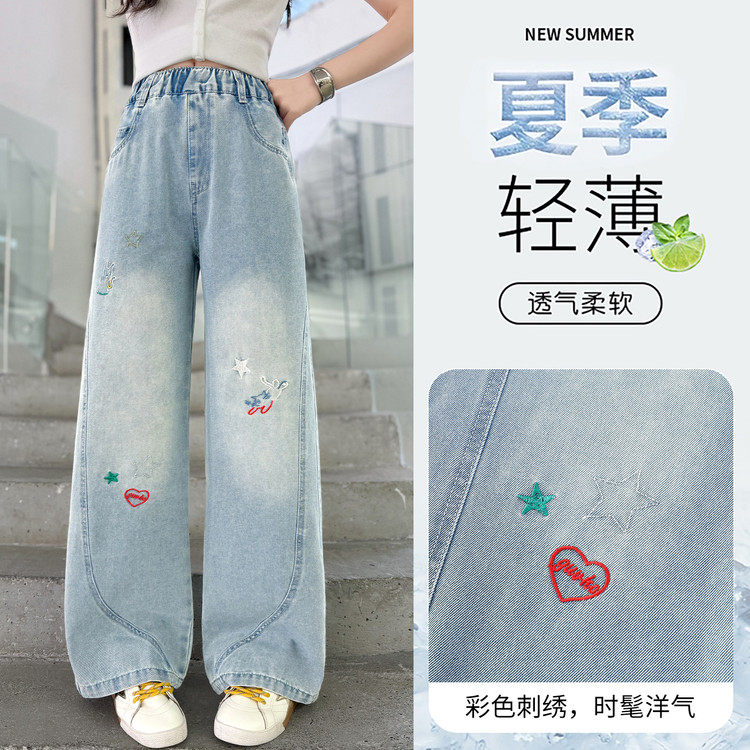 牛仔布刺绣无弹夏季女裤子