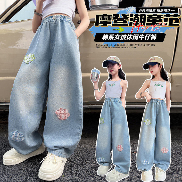 牛仔布刺绣无弹夏季女裤子