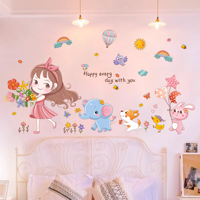 可爱女孩床头装饰卧室少女心儿童卡通帖子贴纸图案背景墙壁画自粘
