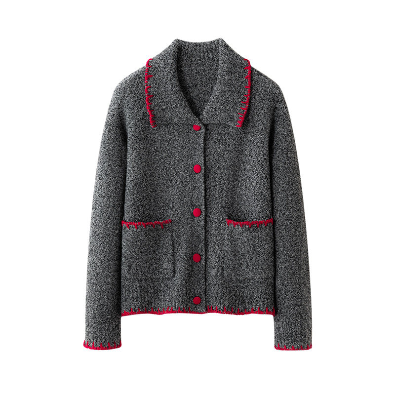 POLO撞色针织开衫女翻领单排扣百搭减龄灰色毛衣宽松百搭外套,女装/女士精品,毛针织衫,淘宝优惠券,粉丝福利购,淘宝优惠卷