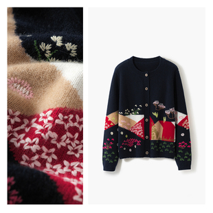 2025秋冬复古祖母风重工刺绣提花针织开衫女圆领纽扣毛衣外套百搭