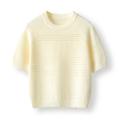 熊皮人新款纯棉圆领套头针织衫女镂空小众设计休闲宽松上衣