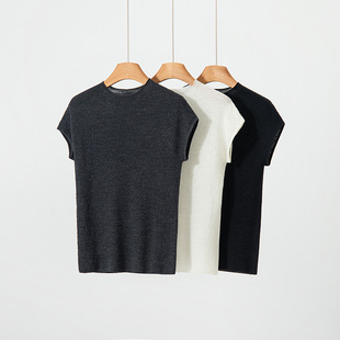 如期而遇 清凉透气 新款简约小飞袖圆领纯色针织上衣百搭简约