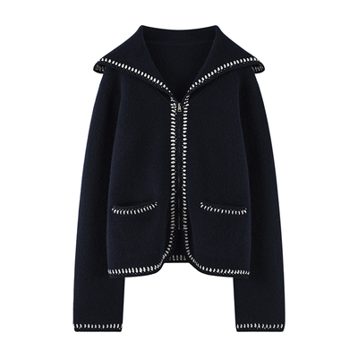 2025年秋季新款海军领100%山羊绒韩系宽松设计感百搭显瘦藏蓝外套