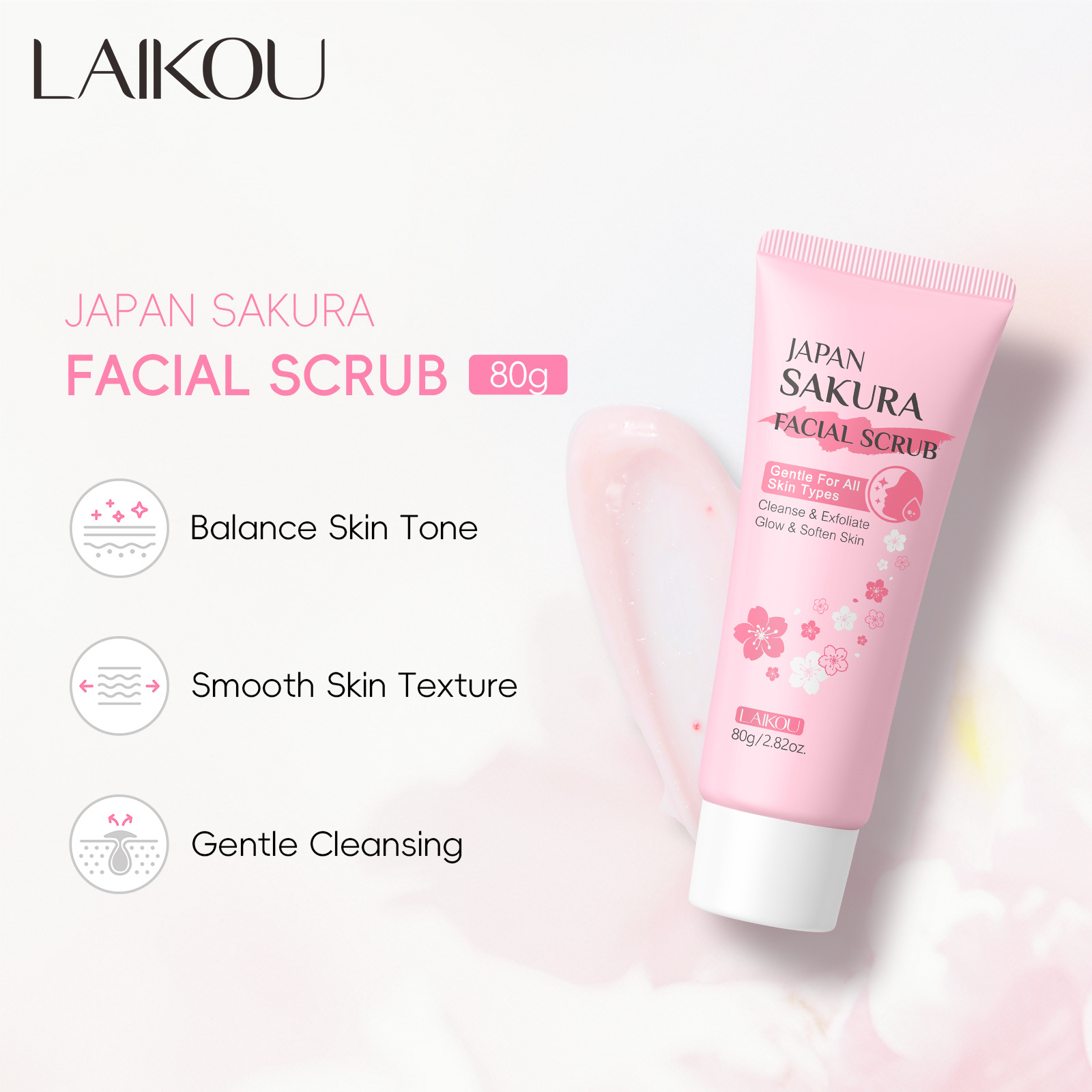跨境LAIKOU樱花脸部磨砂膏80g角质清洁毛孔补水保湿护肤品厂家