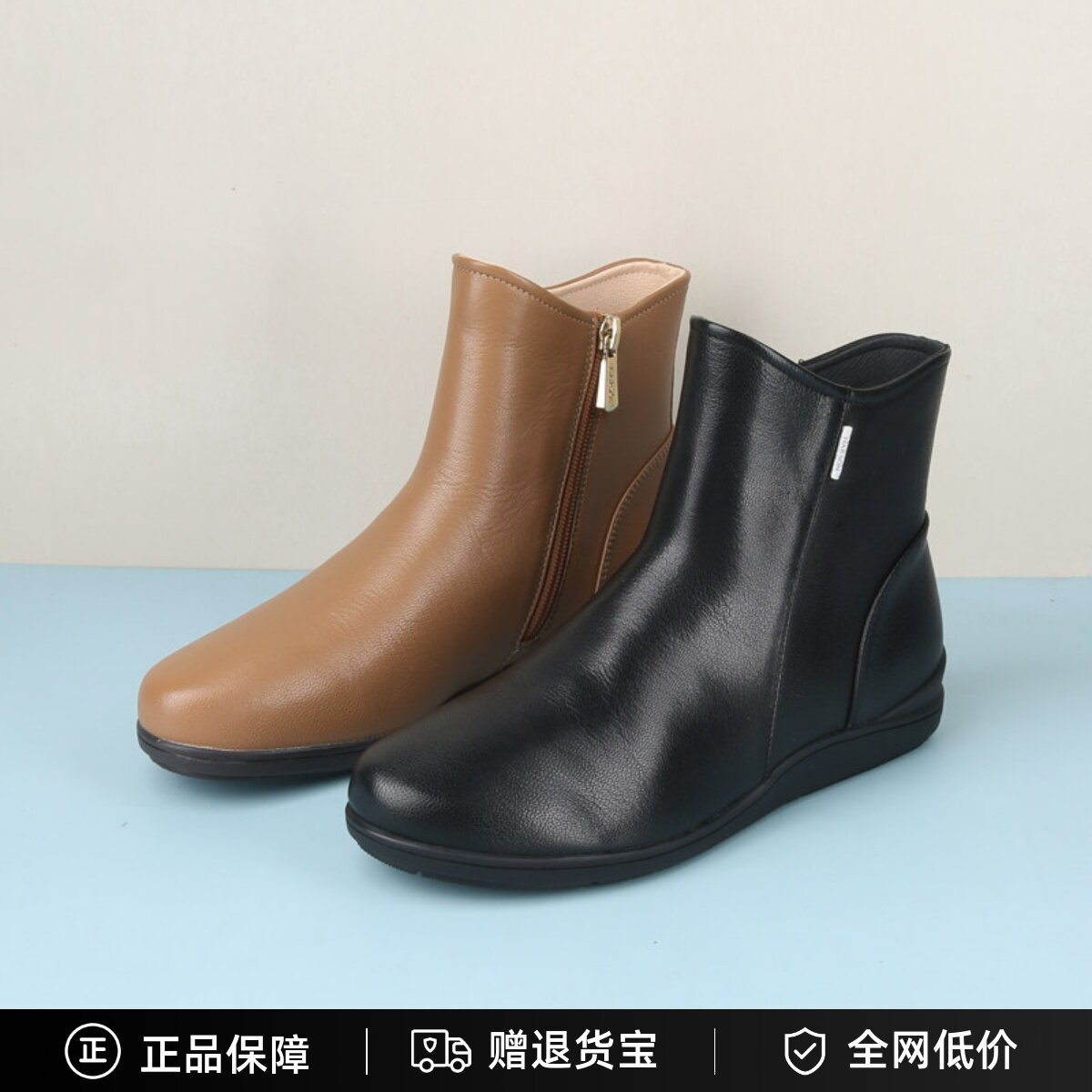 哈森24冬款女鞋简约粗跟短靴正品