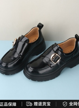 专柜正品百田森秋新款深口粗跟厚底小皮鞋英伦乐福单鞋女PJSC5651