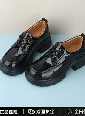 专柜正品百田森女鞋秋款英伦系带深口粗跟高跟单鞋乐福鞋PJSC5511