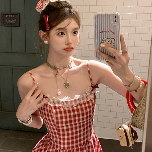 法式复古格子吊带连衣裙