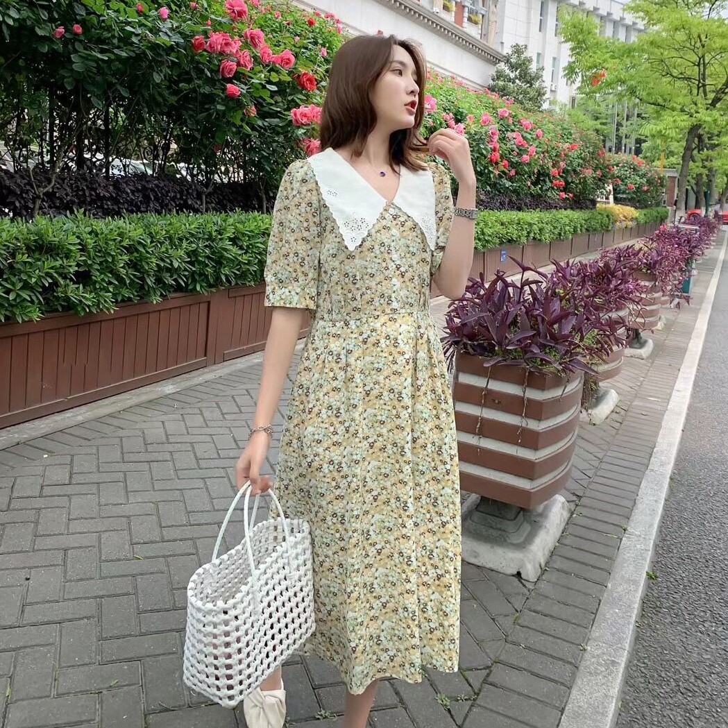 olg法式碎花连衣裙女2020夏季绣花翻领泡泡袖收腰显瘦裙子XL6325