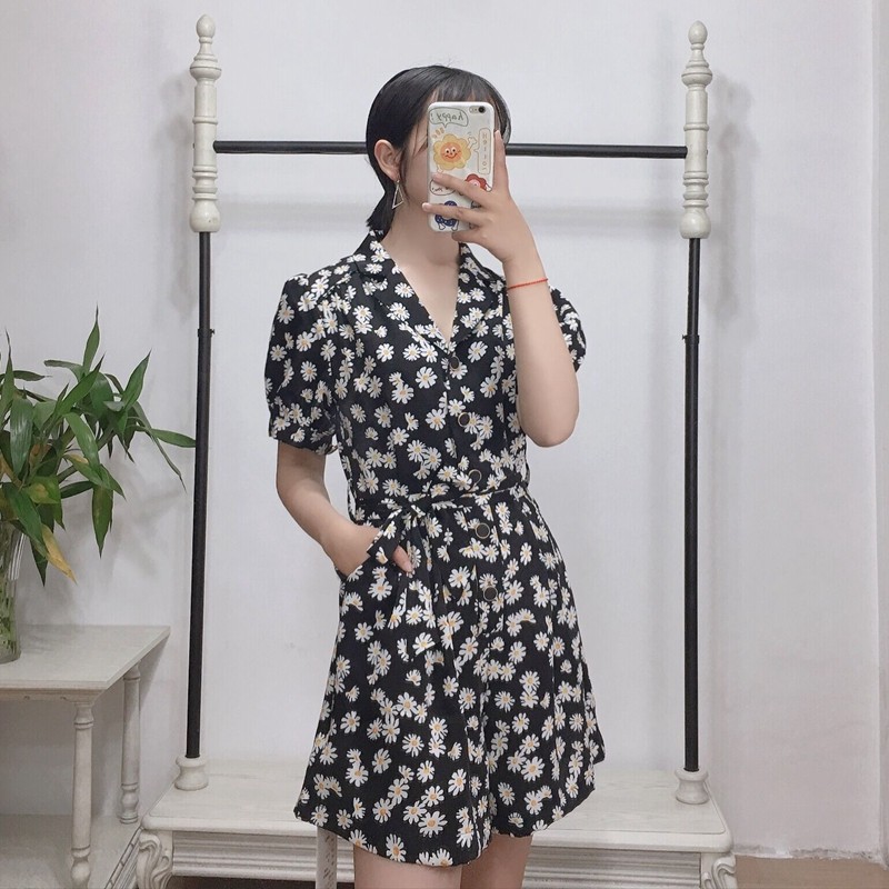 欧莱葛连体阔腿裤女20夏新款韩版小雏菊印花洋气高腰系带阔腿短裤