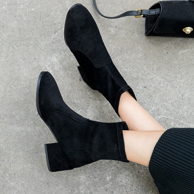SMALL BOOTIES BLOCK HEELS 2024 NEW VERSATILE SPRING AND AUTUMN WINTER SINGLE BOOTS HIGH HEELS WOMENS SHOES STRETCH SKINNY MID-HEEL BOOTS