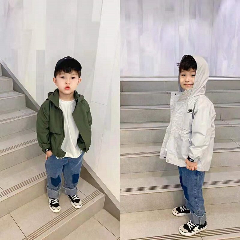 110-150韩版男童休闲连帽风衣 儿童春秋防风中长款外套