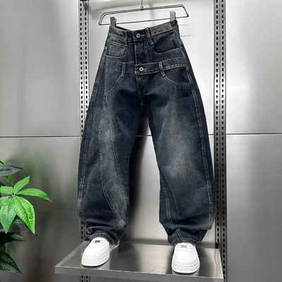 港风秋冬韩式不对称阔腿牛仔裤男