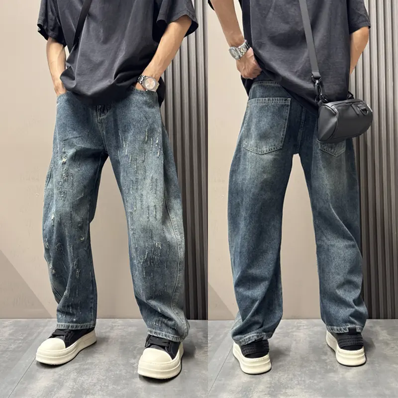 2026春秋新款牛仔裤男款美式宽松百搭直筒阔腿破洞牛仔裤男士长裤