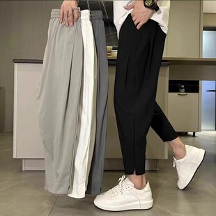 夏季冰丝速干薄款九分裤男士百搭休闲裤宽松哈伦开叉松紧小脚裤子