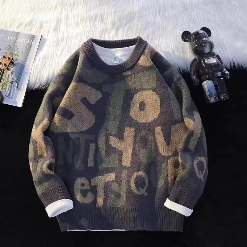 秋冬款潮牌个性字母提花新年毛衣男生日系复古休闲打底长袖针织衫