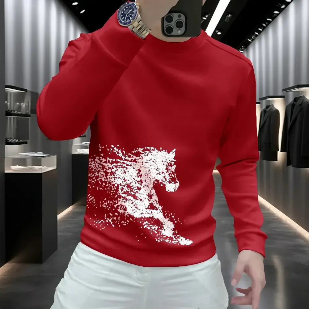 红色本命年印花卫衣男士秋冬2026新款潮流中国风马年时尚百搭上衣