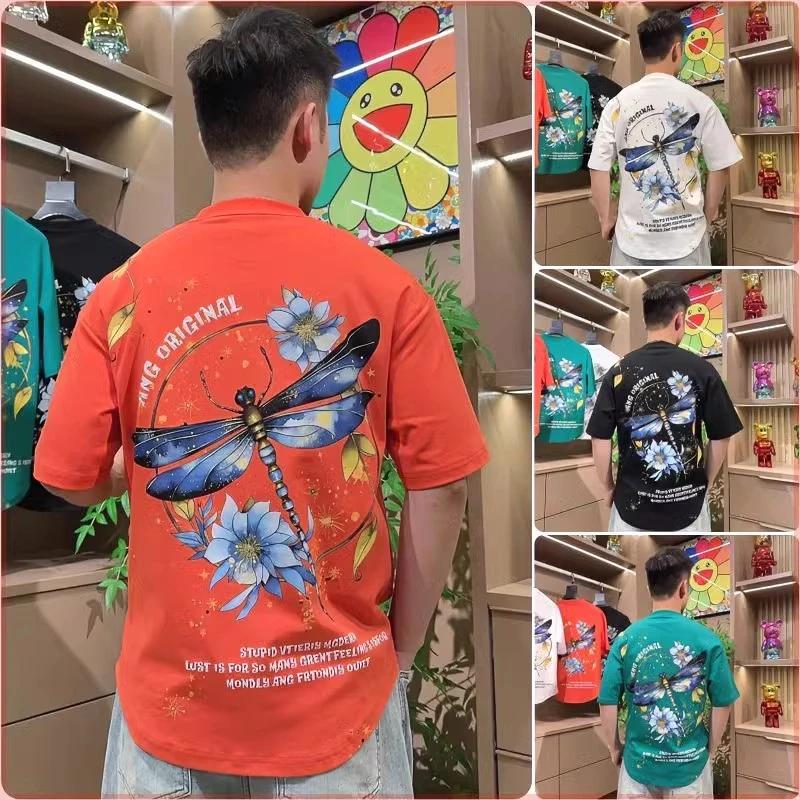 夏季国风图案发泡印花短袖t恤百搭时尚刺绣个性男士纯棉燕尾半袖