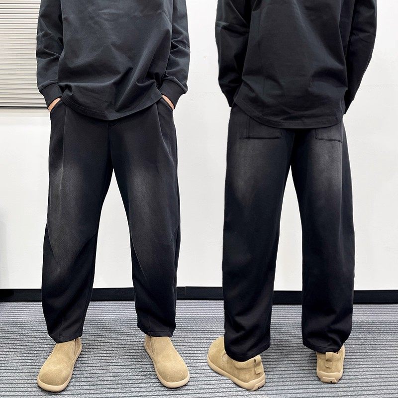 男士休闲裤秋季新款长裤百搭高级感垂感卫裤黑色阔腿裤男宽松直筒