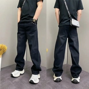 2026新款复古水洗拼接直筒牛仔裤男宽松阔腿裤黑色抽绳长裤