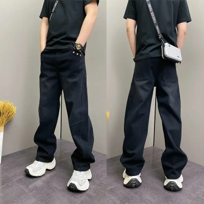 复古水洗拼接直筒牛仔裤男