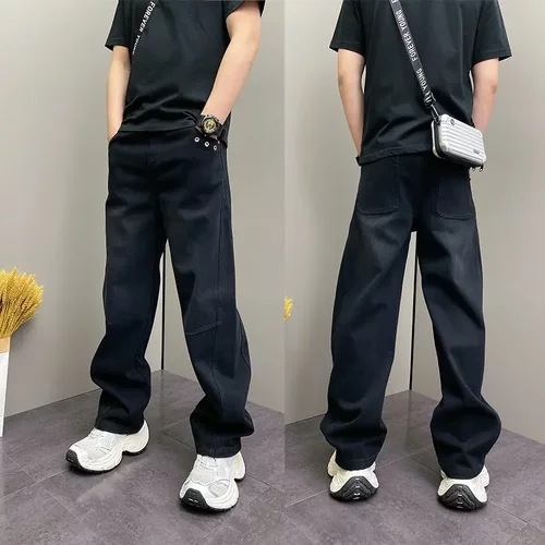 复古水洗拼接直筒牛仔裤男
