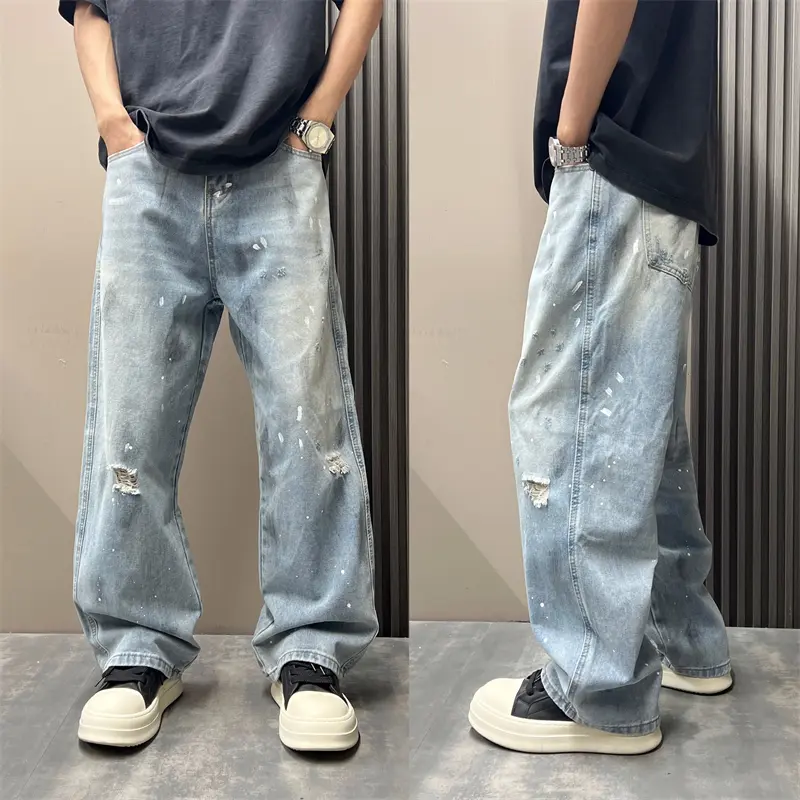 美式高街牛仔裤男潮流痞帅2026春夏新款破洞宽松直筒百搭阔腿裤子