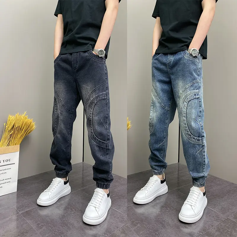 牛仔裤深蓝色水洗拼接束脚裤