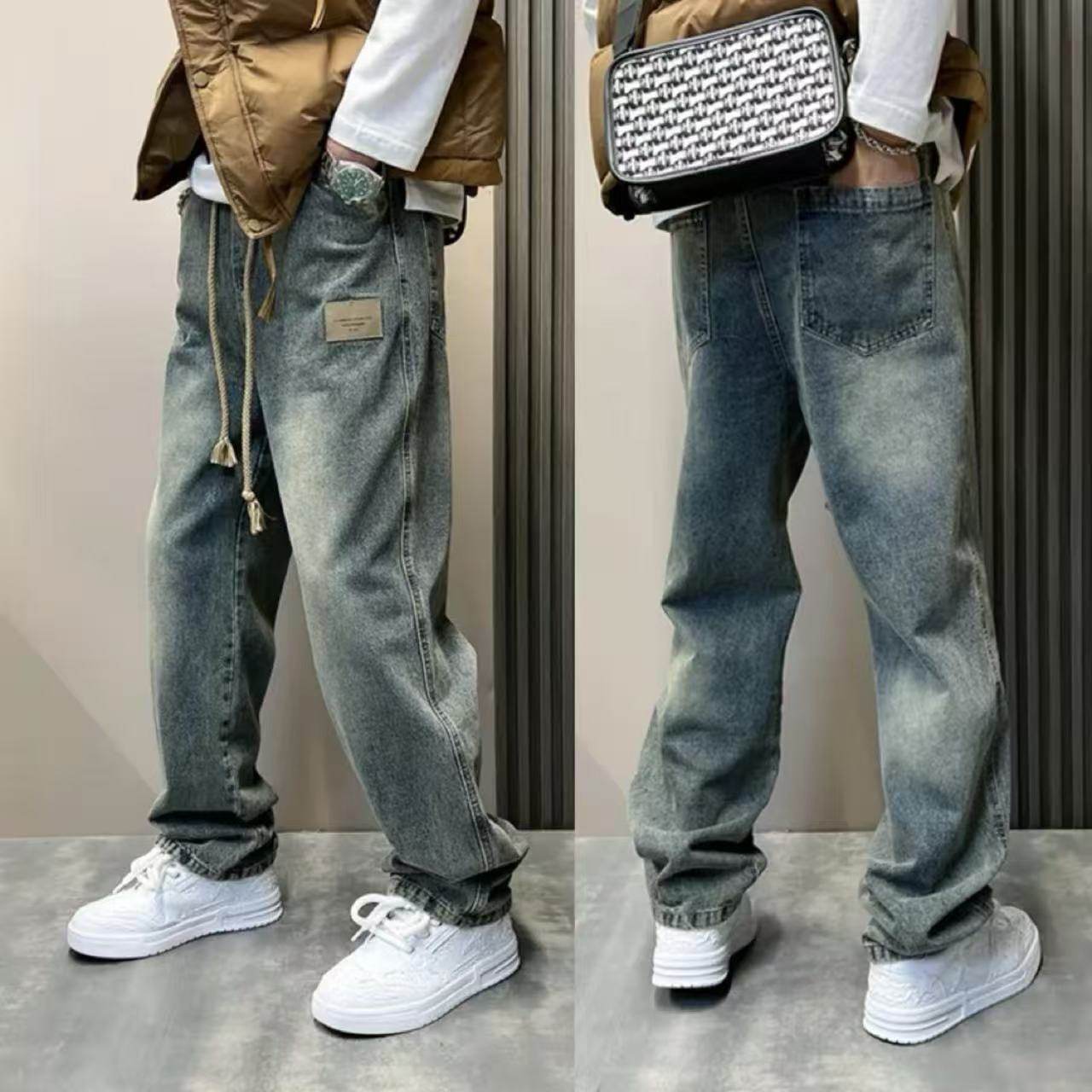 美式高街秋季新款痞帅直筒牛仔裤男士水洗垂坠感牛仔长裤休闲裤男