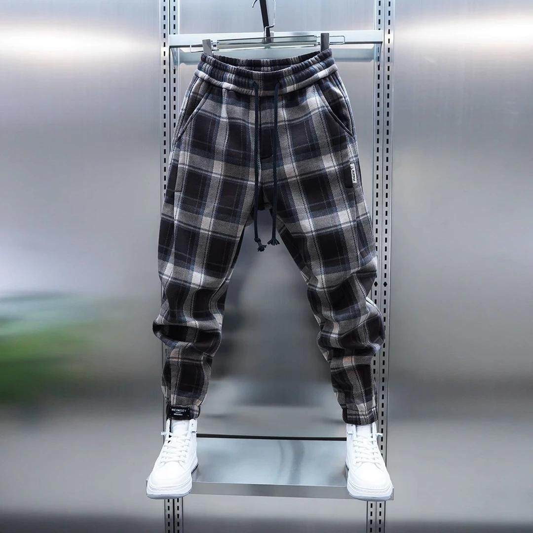 毛呢格子百搭裤子2025春秋新款格子休闲卫裤潮牌青年痞帅束脚裤男