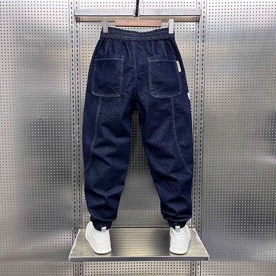 裤子男冬季潮牌牛仔裤哈伦束脚宽松阔腿蓝色痞帅大码拼接裤子