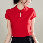 立领盘扣t恤女短袖 改良旗袍外穿纯棉气质上衣 国潮风中式 夏季 新款